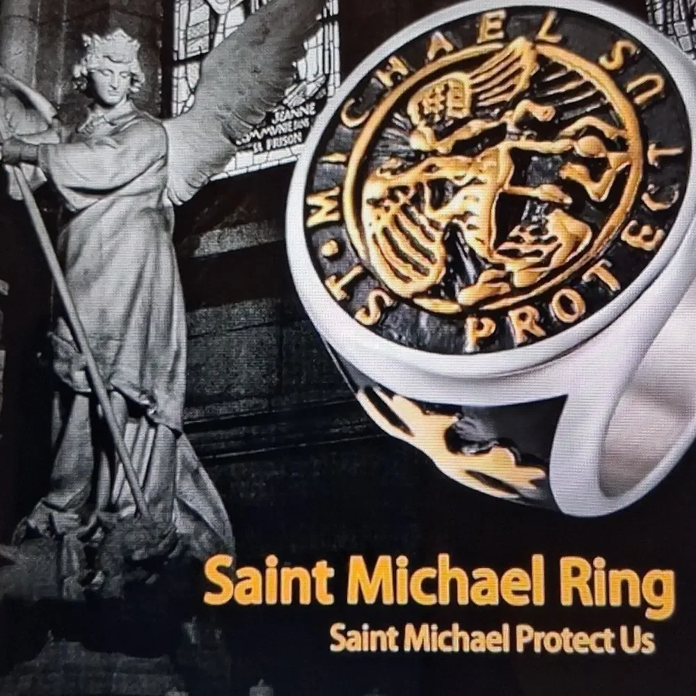 Stainless Steel St. Michael Ring - Black and Gold Size 11 Mens New In Box